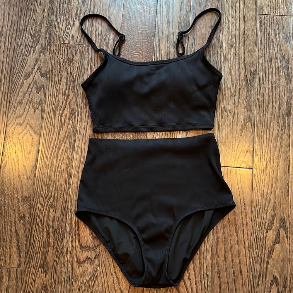 Aerie ribbed two piece black high waisted bathing suit